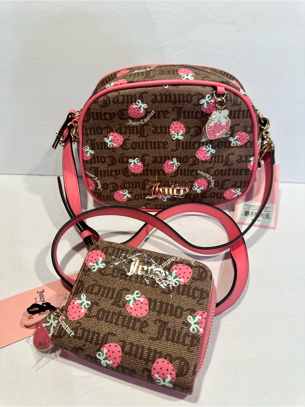 Juicy Couture Brown & Pink Strawberry Print Crossbody Bag With Matching Wallet